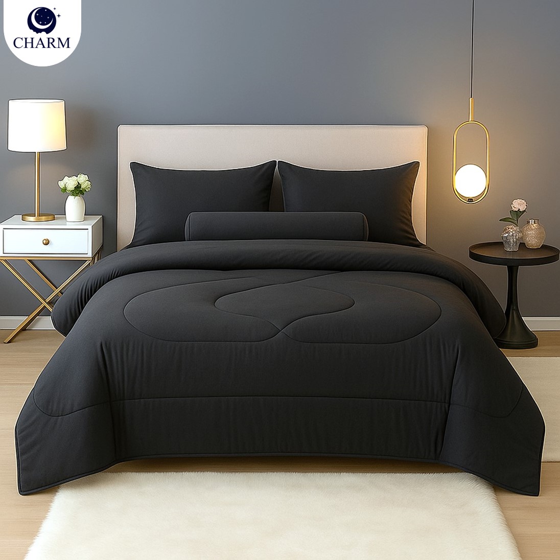 CHARM ชุดผ้าปูที่นอนพร้อมนวม 6 ฟุต 6 ชิ้น – สี BLACK คอลเลคชั่น CLASSIC_1